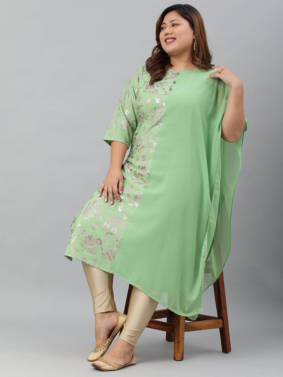 Plus Size Light Green Poly Crepe Foil Print Straight kurta