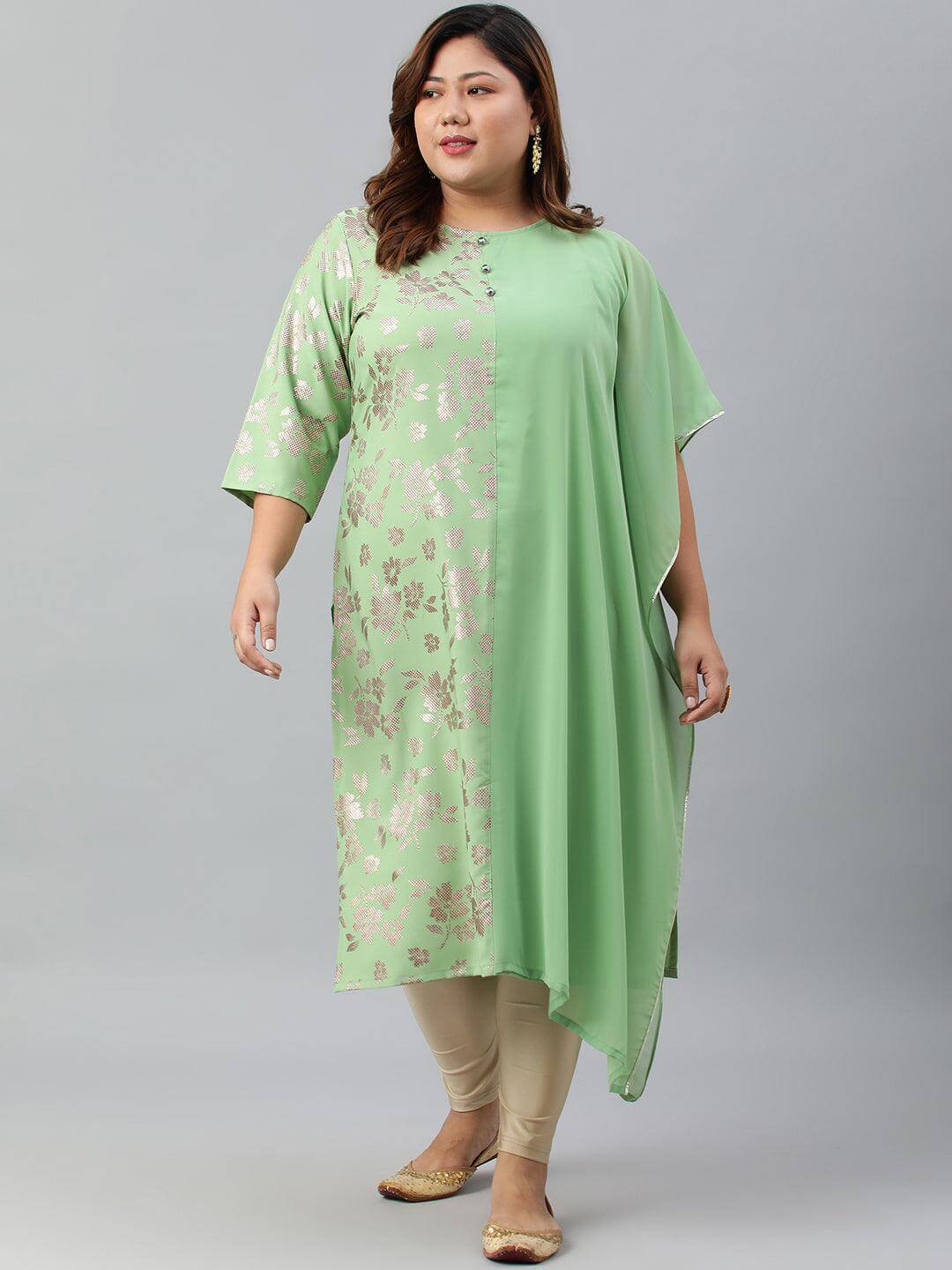 Plus Size Light Green Poly Crepe Foil Print Straight kurta