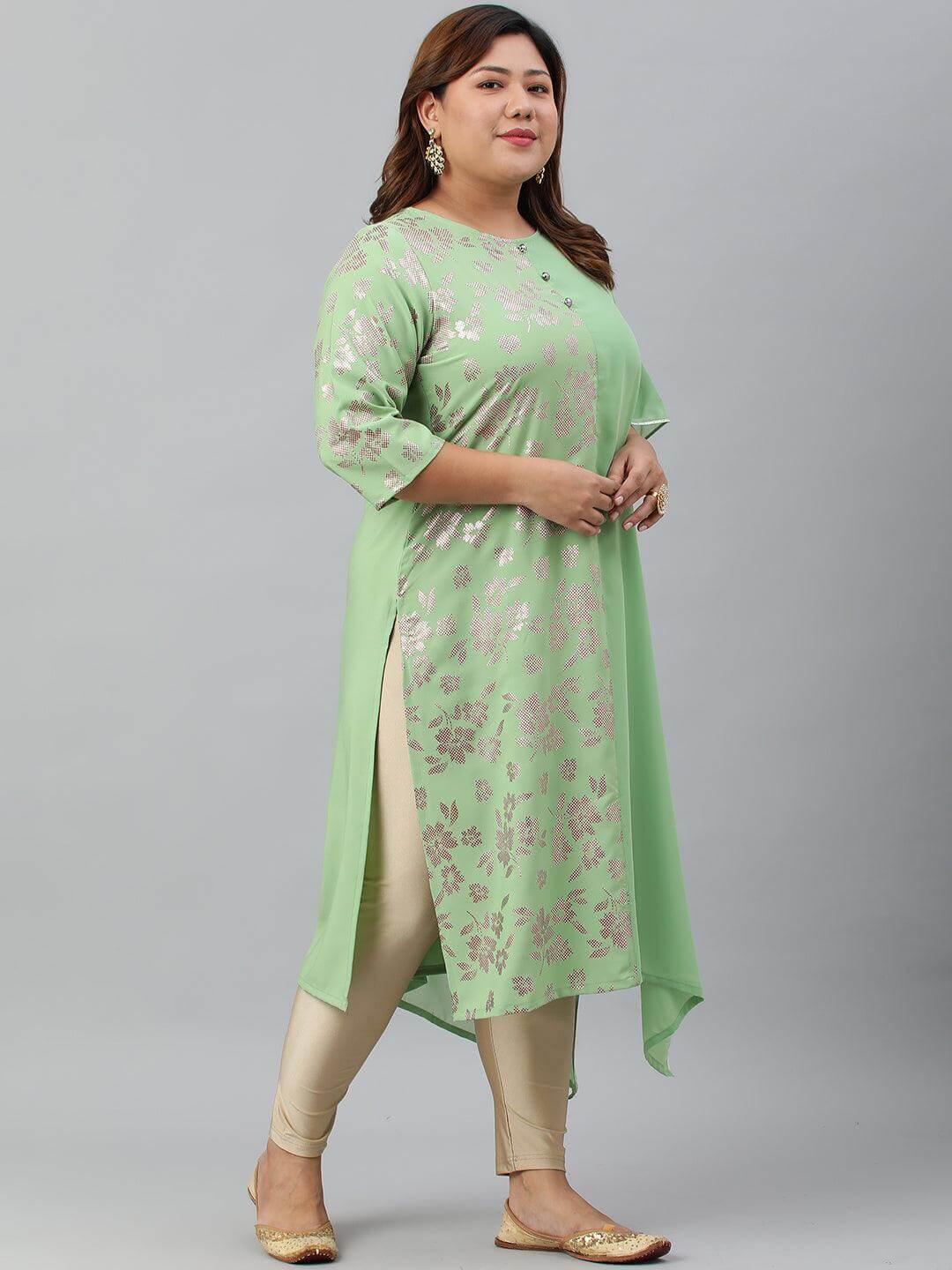 Plus Size Light Green Poly Crepe Foil Print Straight kurta