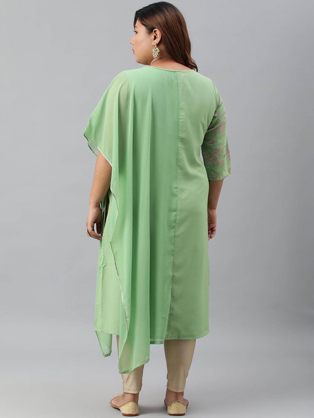 Plus Size Light Green Poly Crepe Foil Print Straight kurta