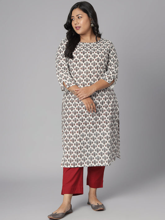 Plus Size White Cotton Floral Print Straight Kurta