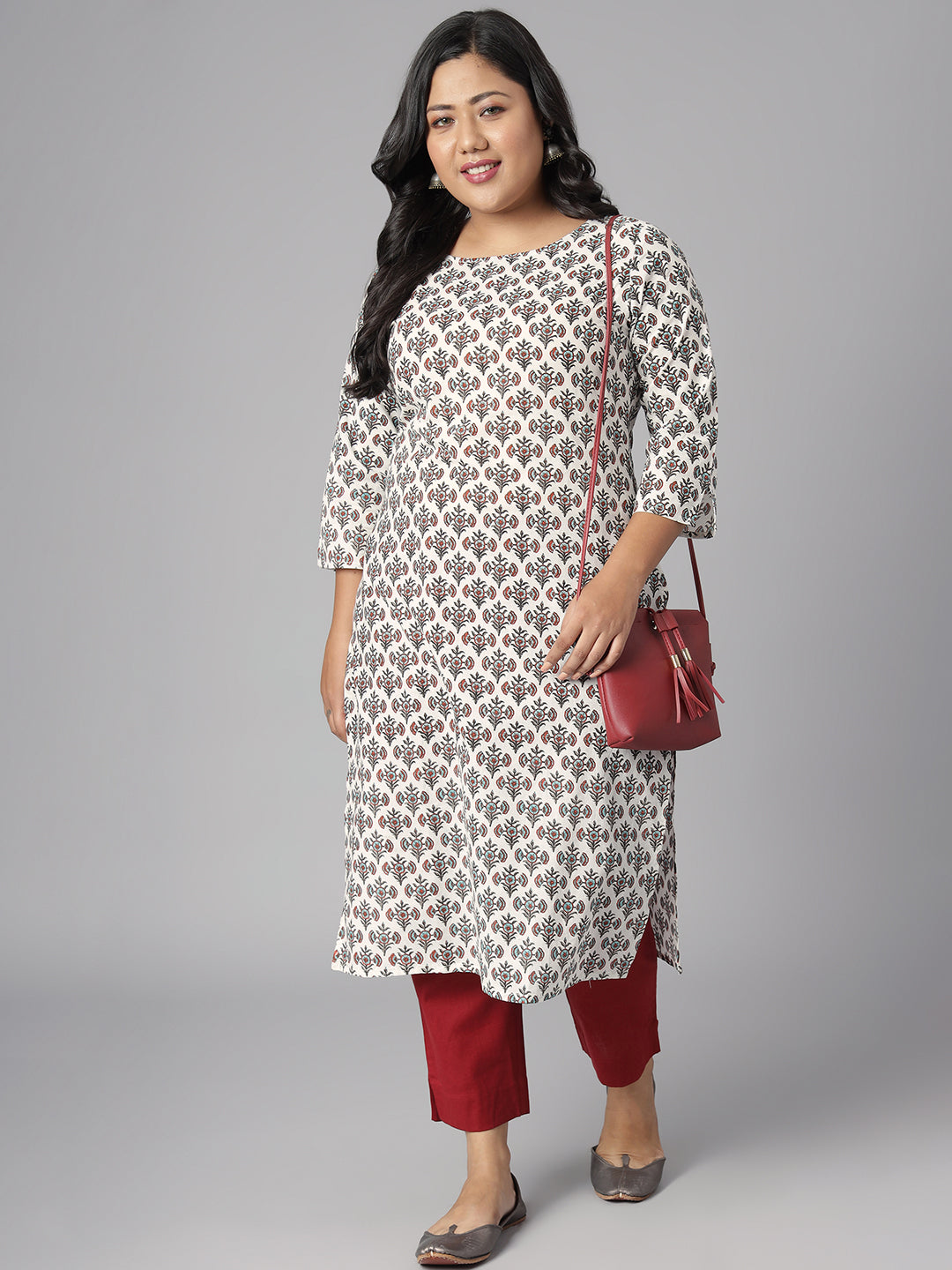 Plus Size White Cotton Floral Print Straight Kurta