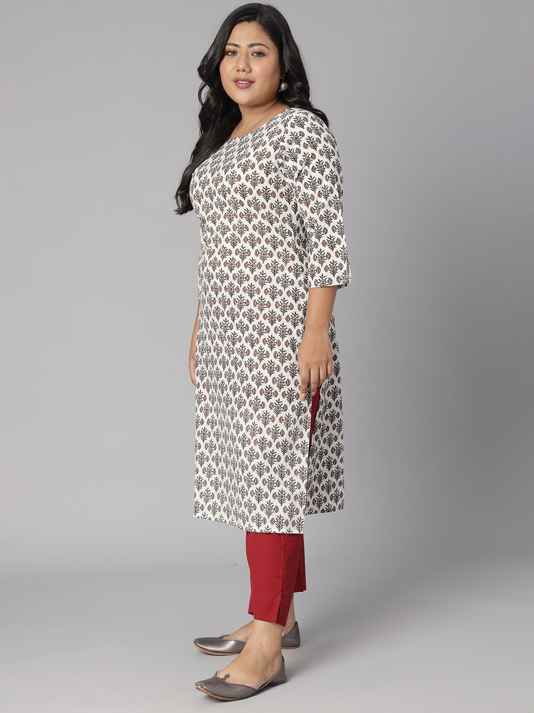 Plus Size White Cotton Floral Print Straight Kurta