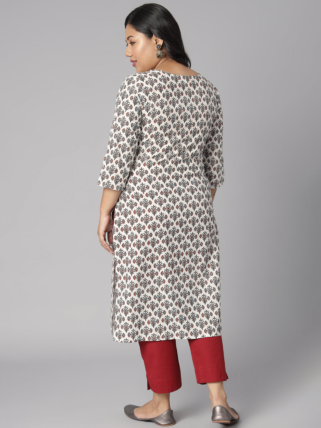 Plus Size White Cotton Floral Print Straight Kurta
