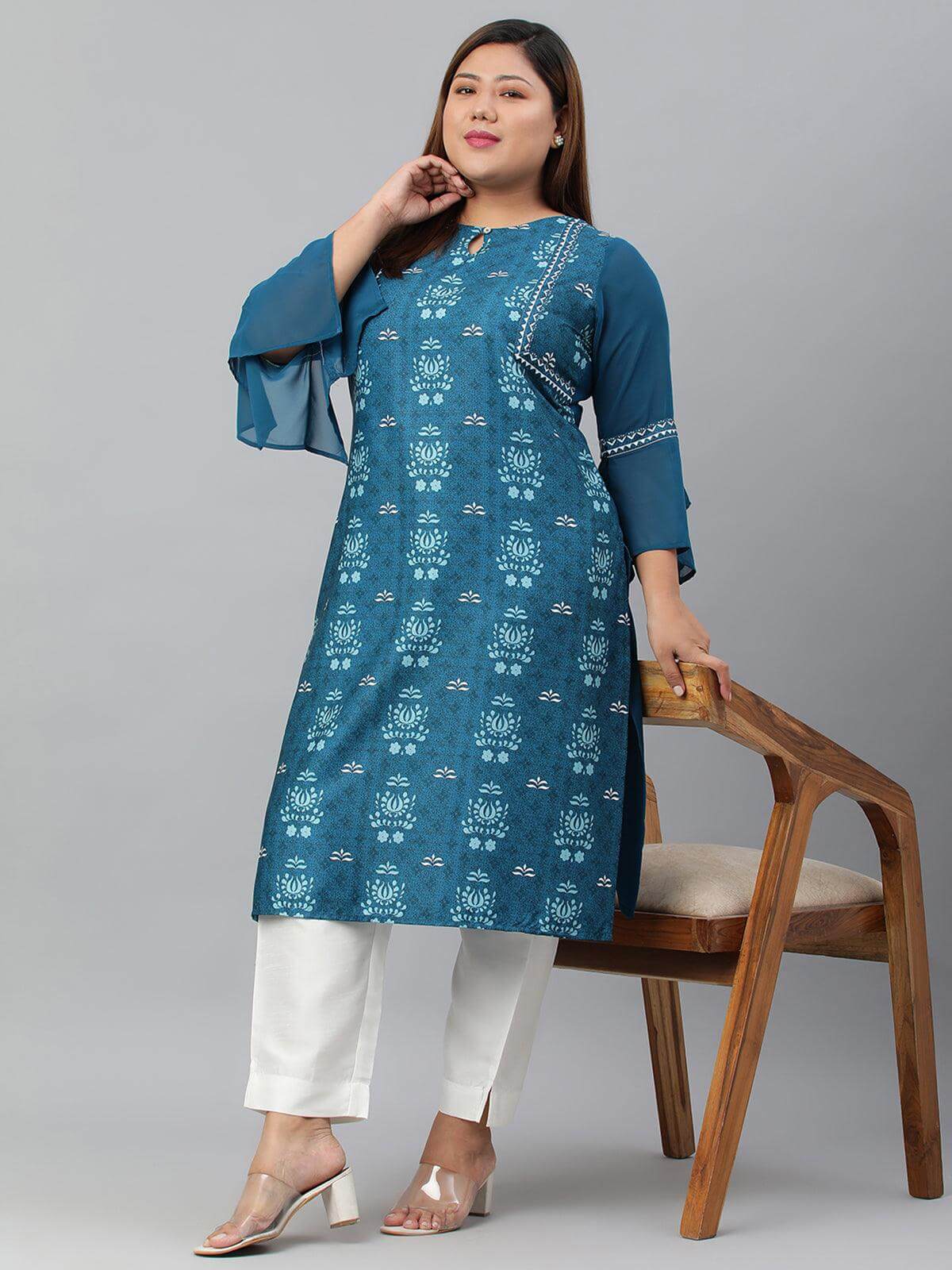 Plus Size Teal Poly Crepe Digital Print Straight kurta