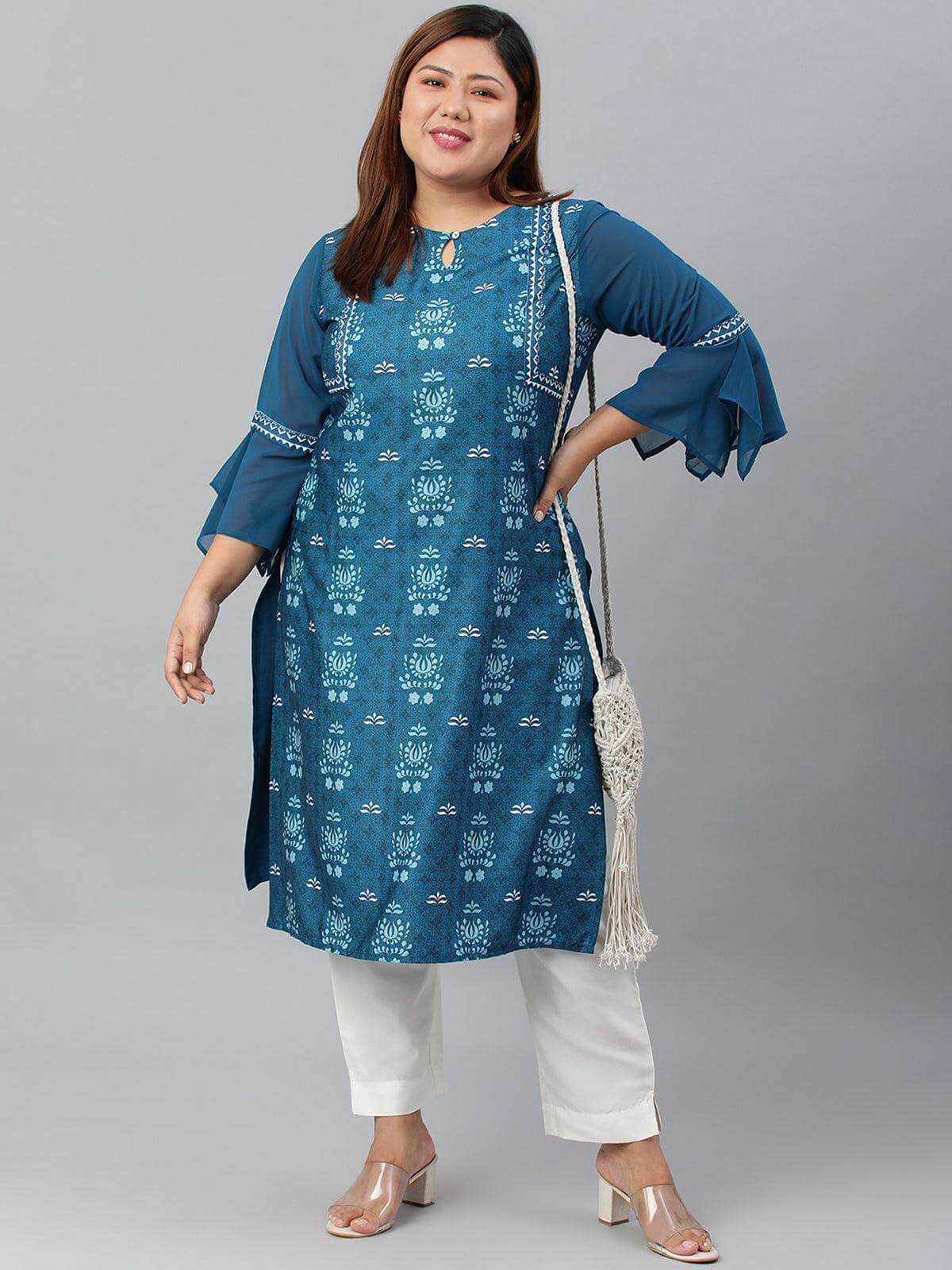 Plus Size Teal Poly Crepe Digital Print Straight kurta