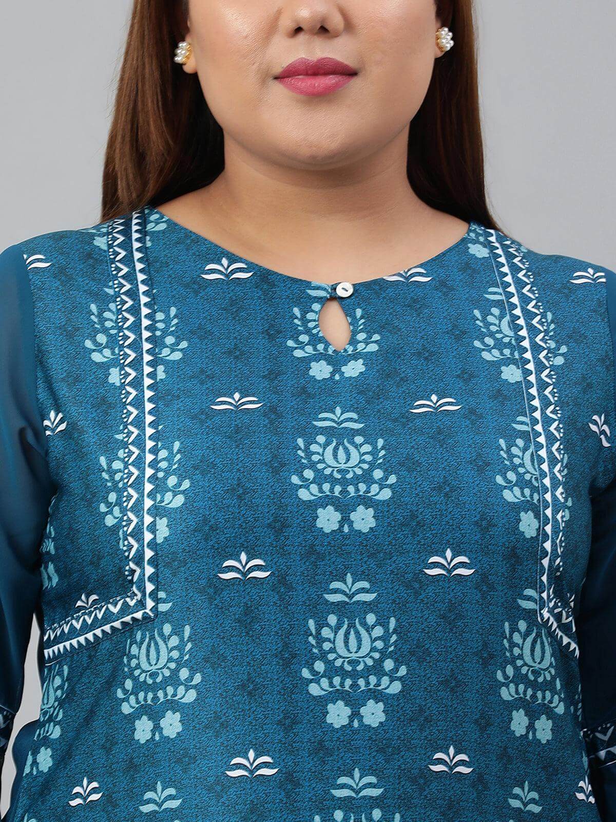 Plus Size Teal Poly Crepe Digital Print Straight kurta