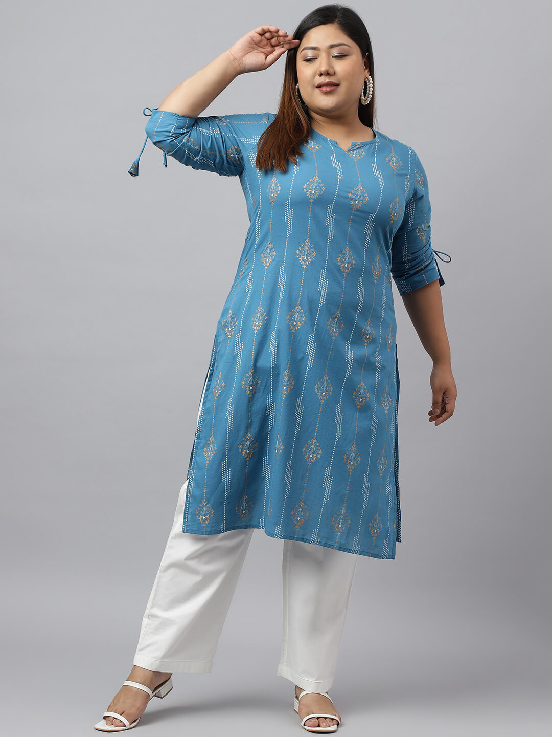 XL LOVE by Janasya Women's Plus Size Blue Cotton Ethnic Motifs Straight kurta