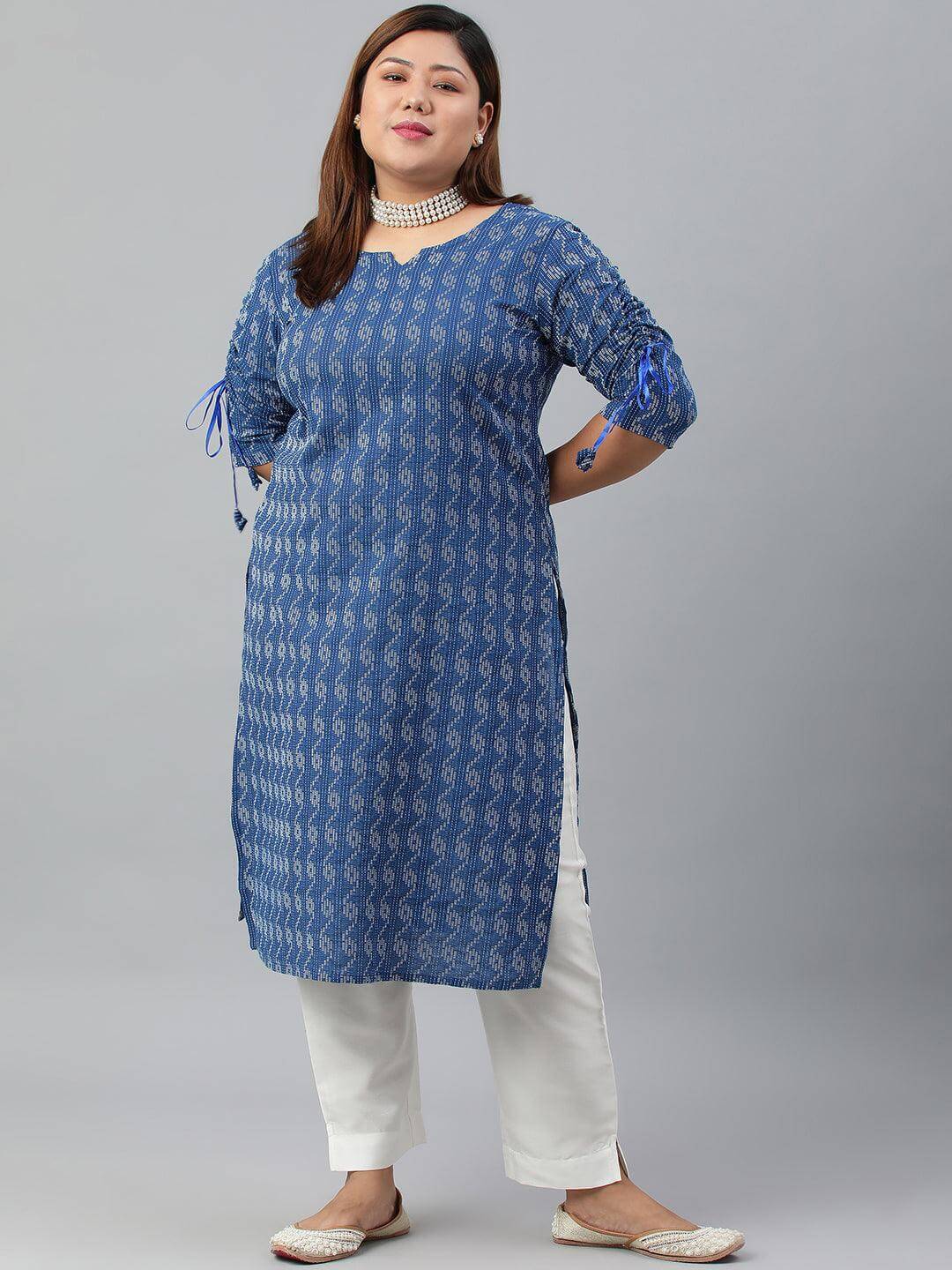 Plus Size Blue Cotton Woven Design Straight Kurta