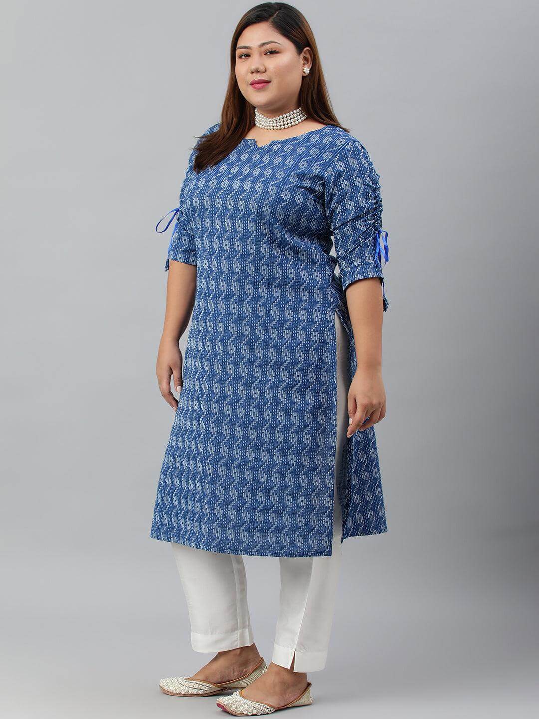 Plus Size Blue Cotton Woven Design Straight Kurta