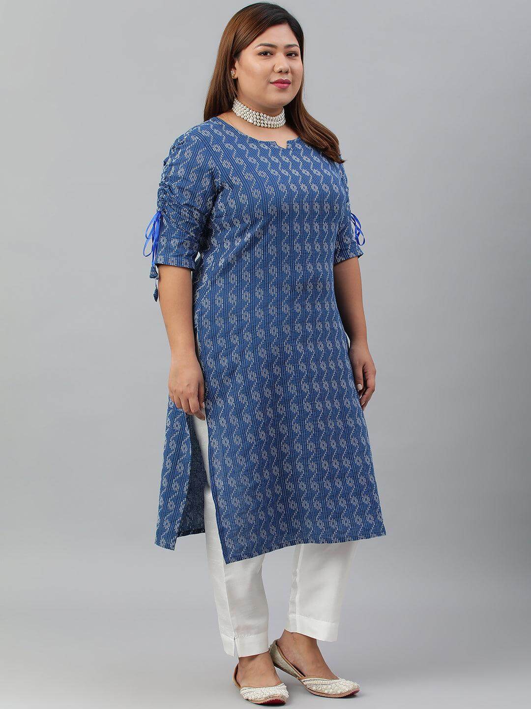 Plus Size Blue Cotton Woven Design Straight Kurta