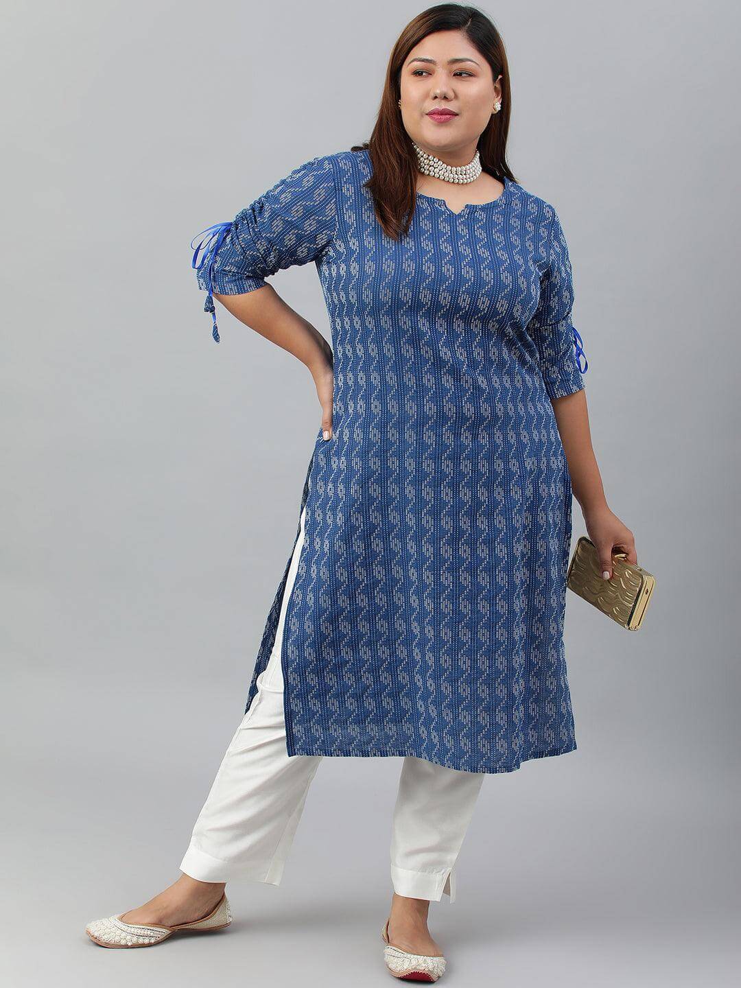 Plus Size Blue Cotton Woven Design Straight Kurta