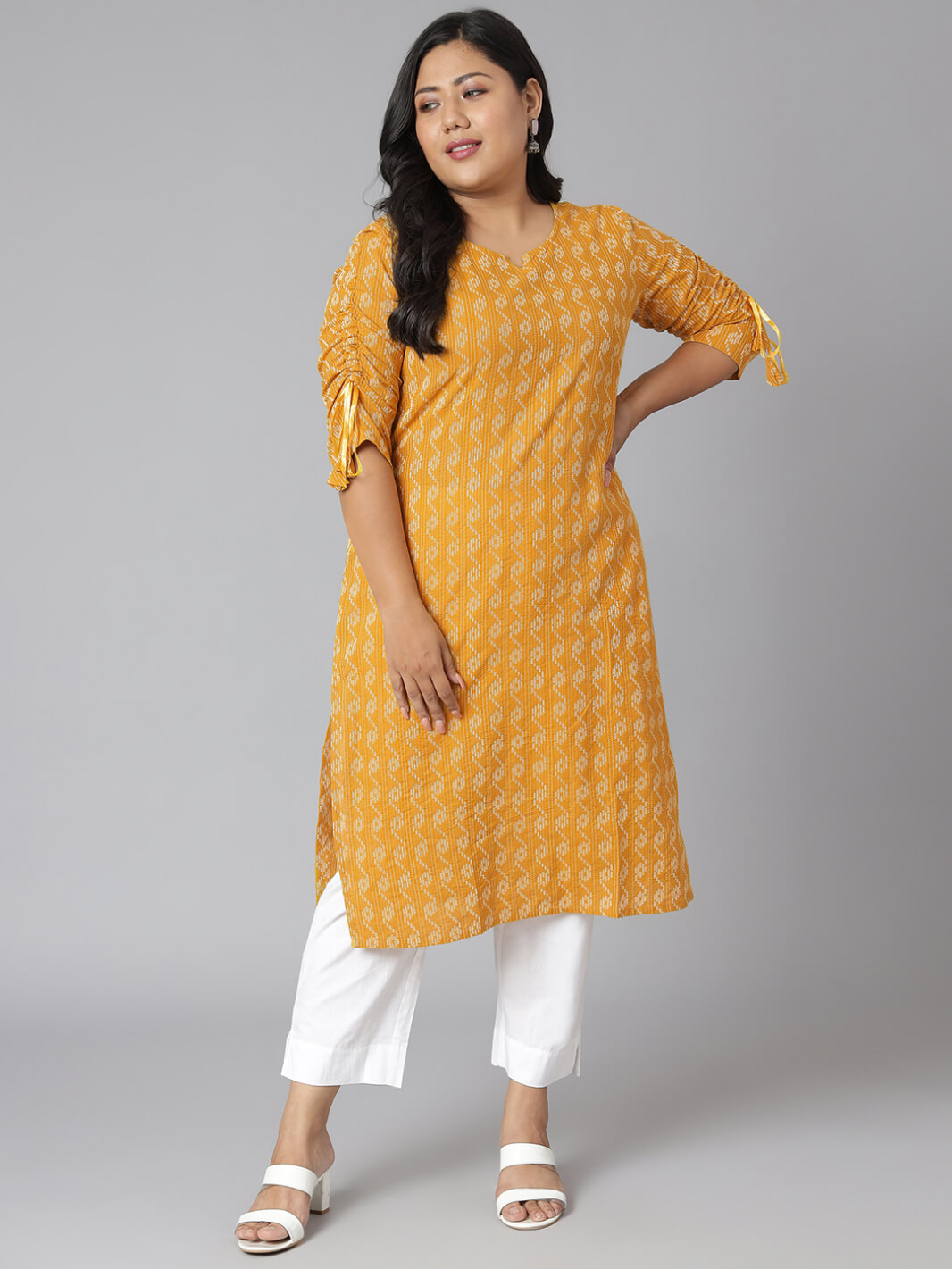 Plus Size Yellow Cotton Woven Design Straight Kurta