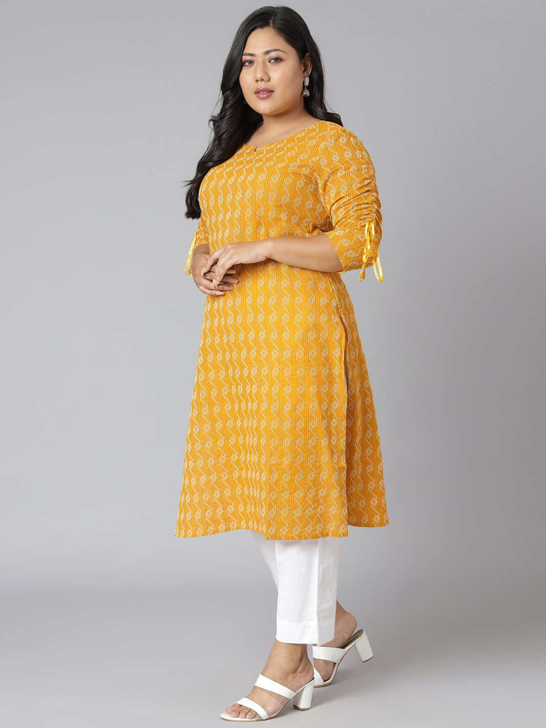 Plus Size Yellow Cotton Woven Design Straight Kurta