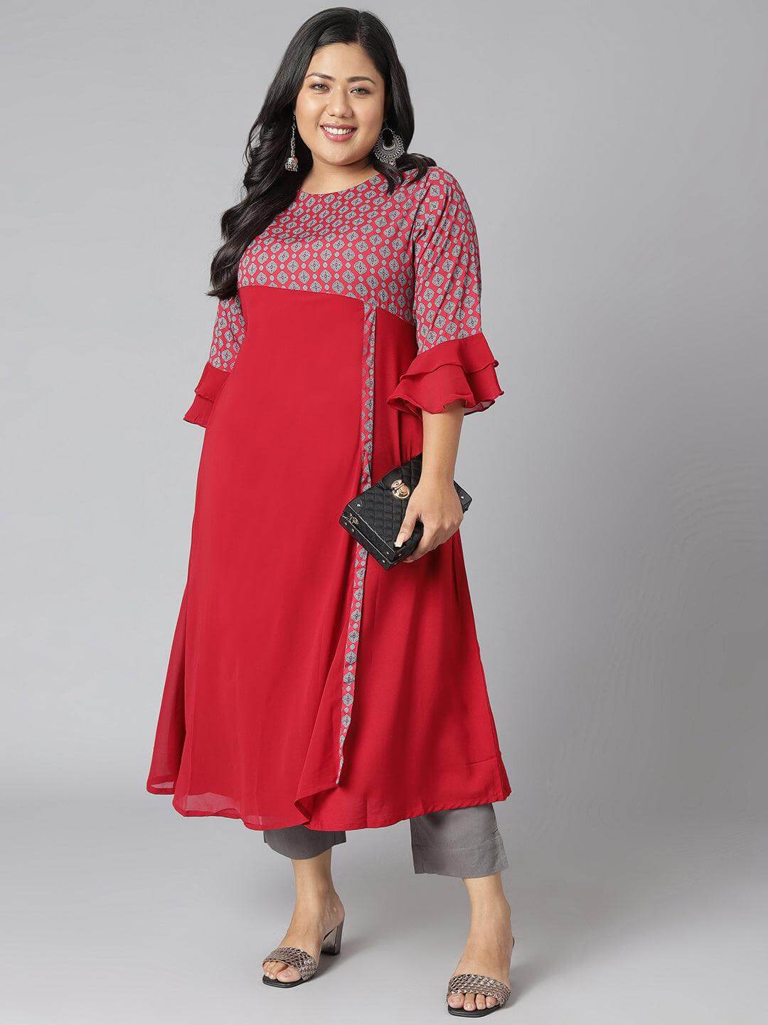 Plus Size Maroon Poly Crepe Ethnic Motifs A-line Kurta