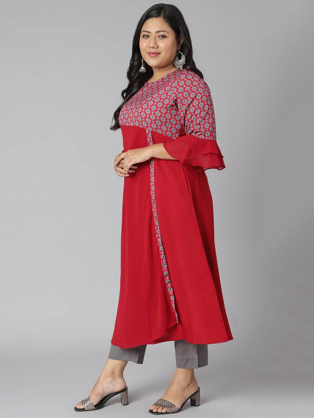 Plus Size Maroon Poly Crepe Ethnic Motifs A-line Kurta