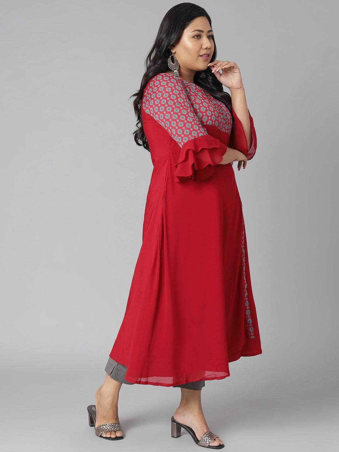 Plus Size Maroon Poly Crepe Ethnic Motifs A-line Kurta