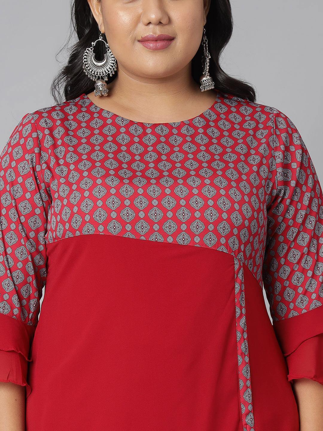 Plus Size Maroon Poly Crepe Ethnic Motifs A-line Kurta