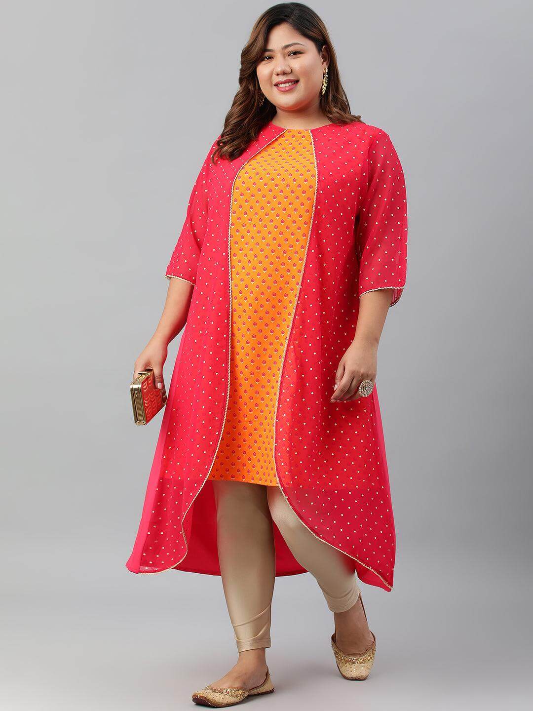 Plus Size Orange Poly Crepe Floral Print A-Line With Attached Jacket kurta