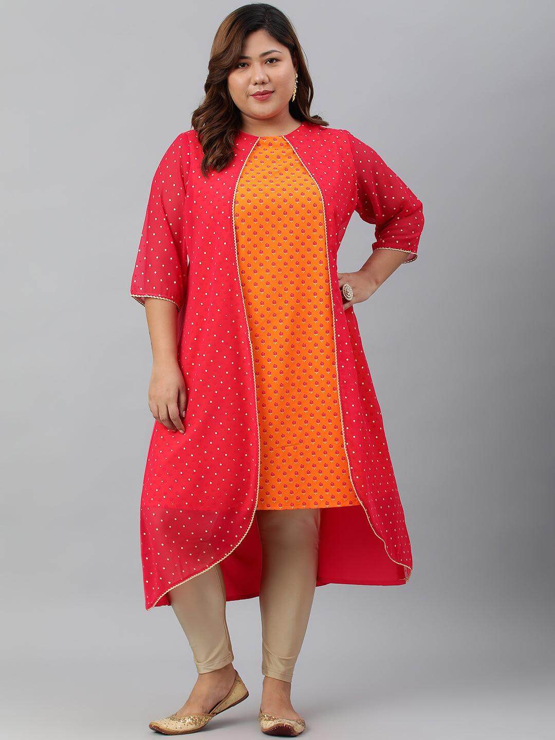 Plus Size Orange Poly Crepe Floral Print A-Line With Attached Jacket kurta