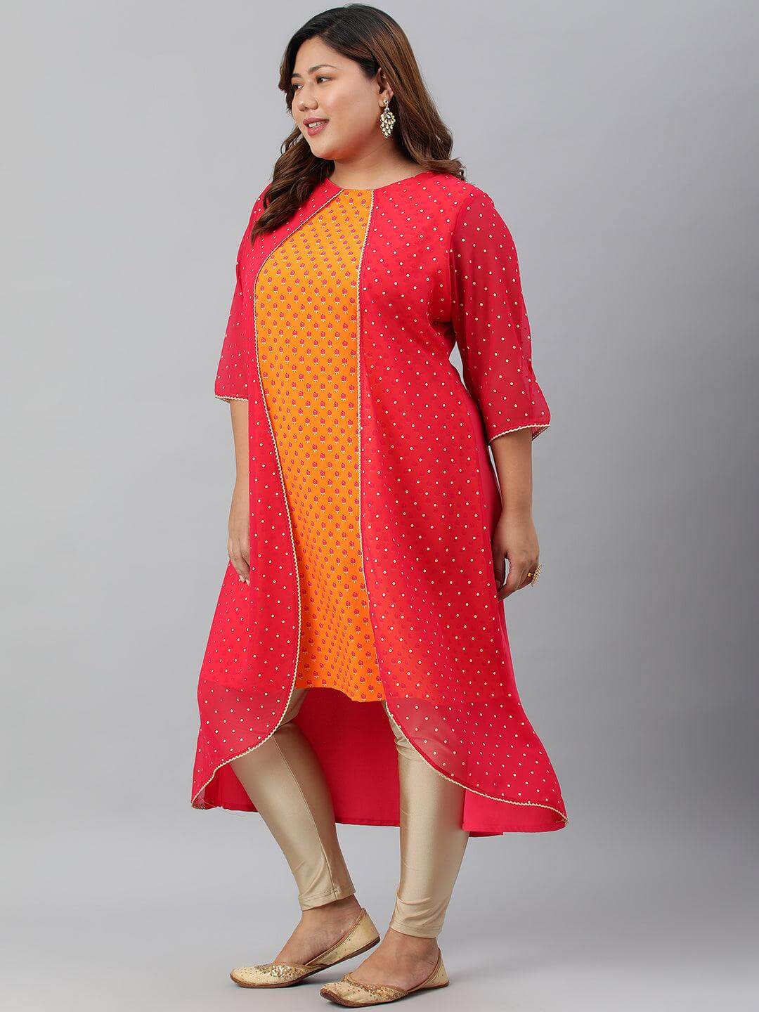 Plus Size Orange Poly Crepe Floral Print A-Line With Attached Jacket kurta