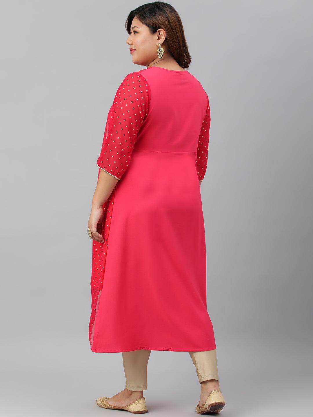 Plus Size Orange Poly Crepe Floral Print A-Line With Attached Jacket kurta