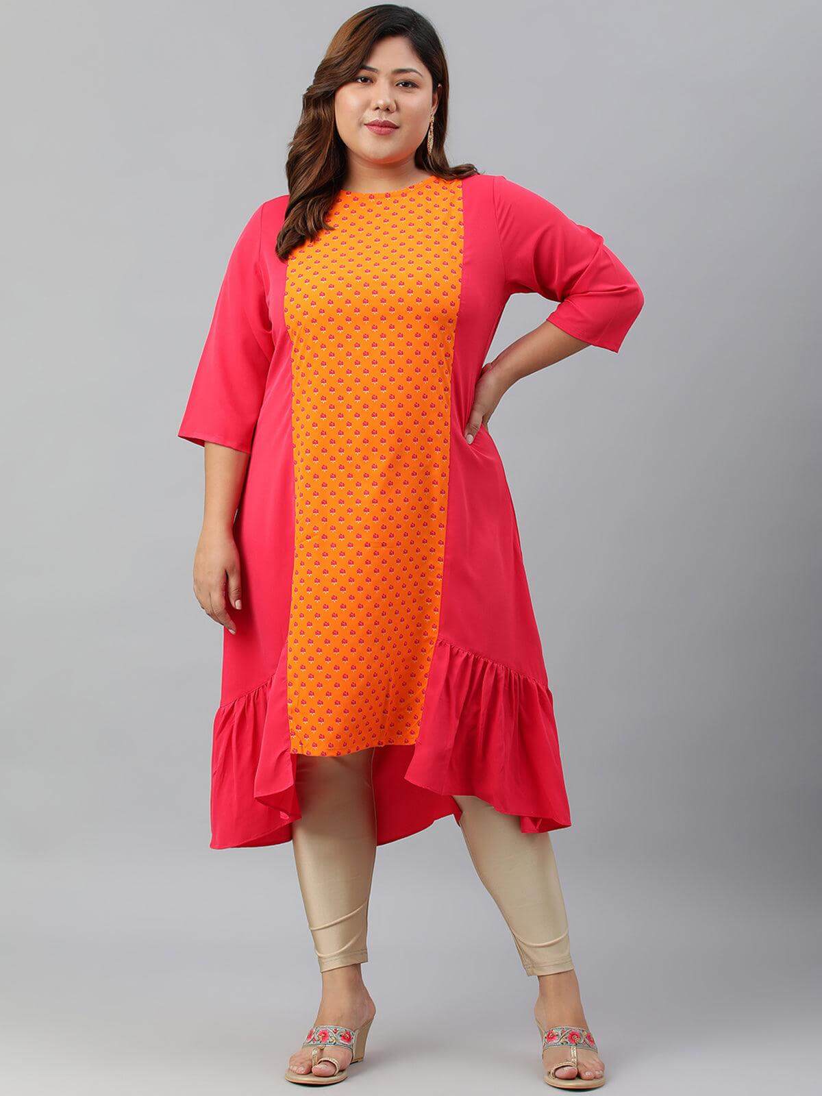 Plus Size Orange Poly Crepe Floral Print A-line kurta