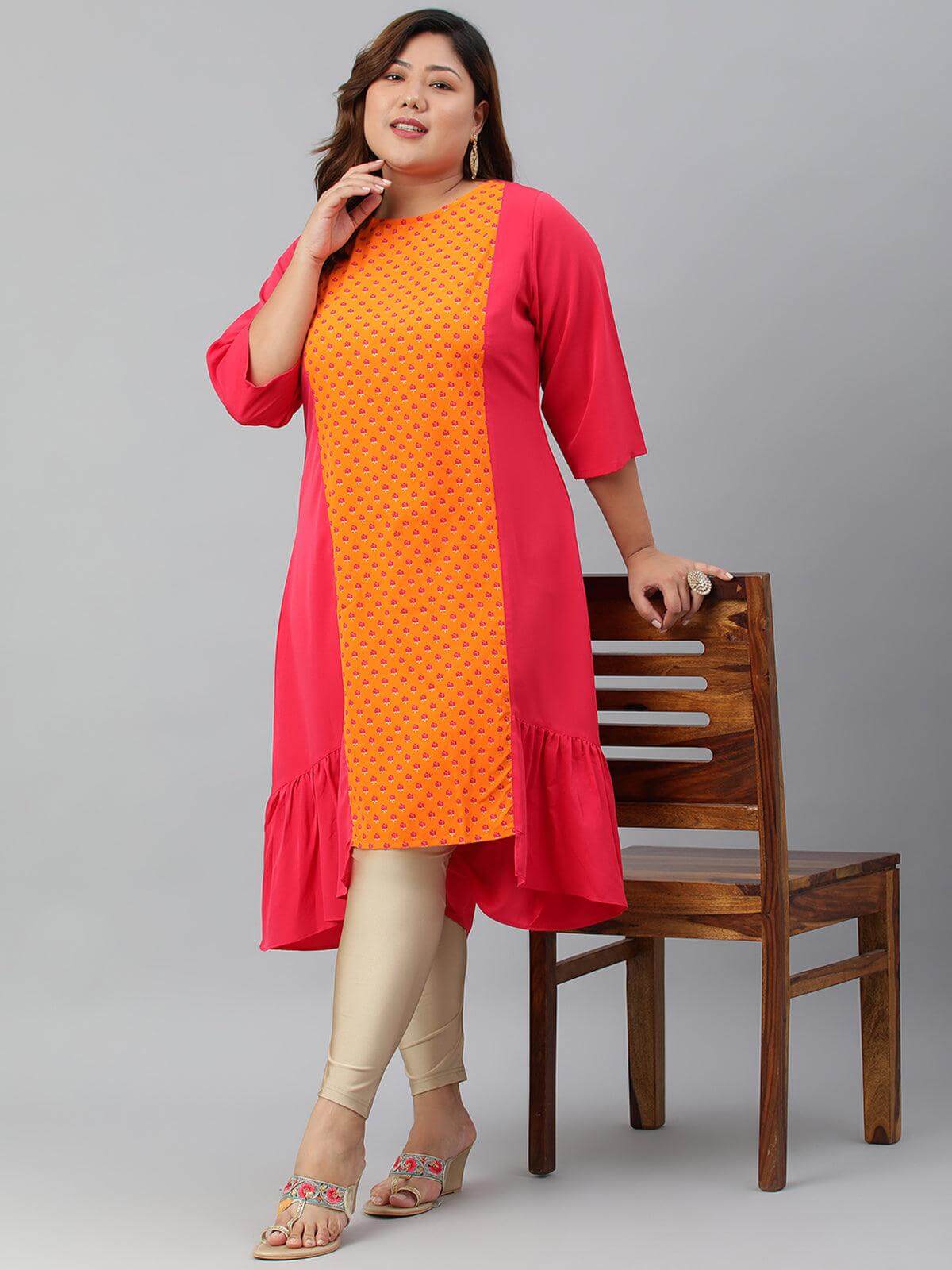 Plus Size Orange Poly Crepe Floral Print A-line kurta