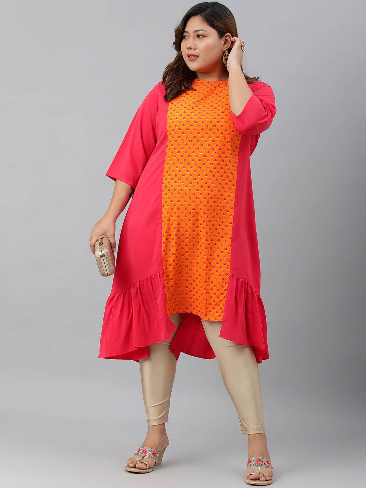 Plus Size Orange Poly Crepe Floral Print A-line kurta