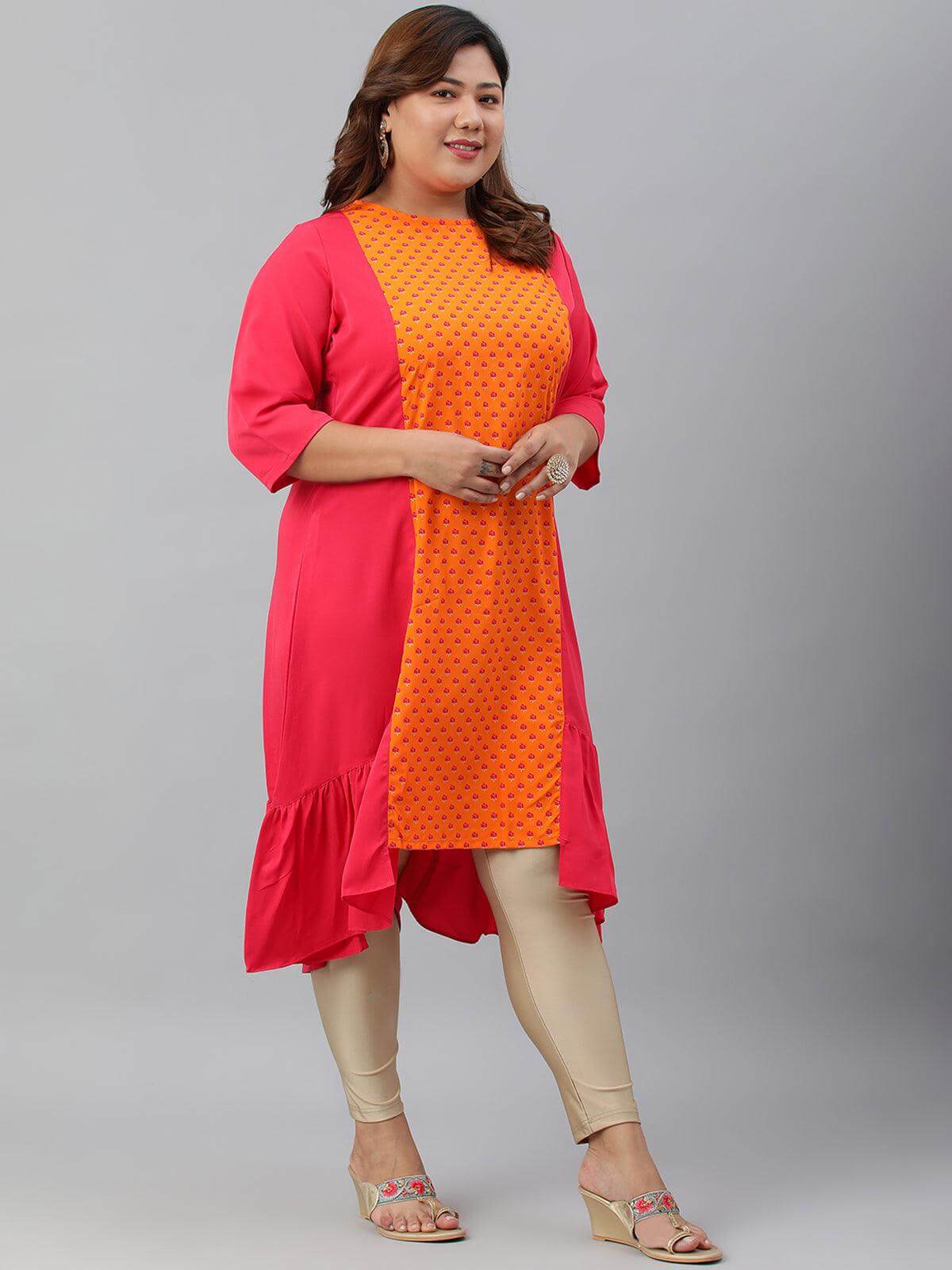 Plus Size Orange Poly Crepe Floral Print A-line kurta