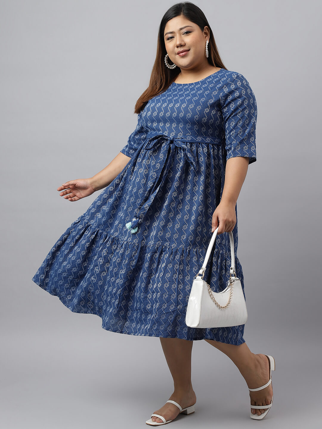 Women's Blue Cotton Woven Design Flared Dress