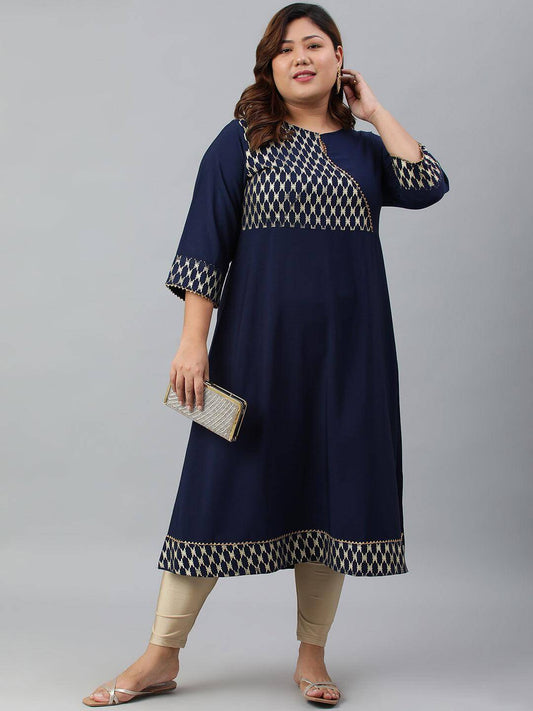 Plus Size Navy Blue Poly Crepe Ethnic Motifs kurta