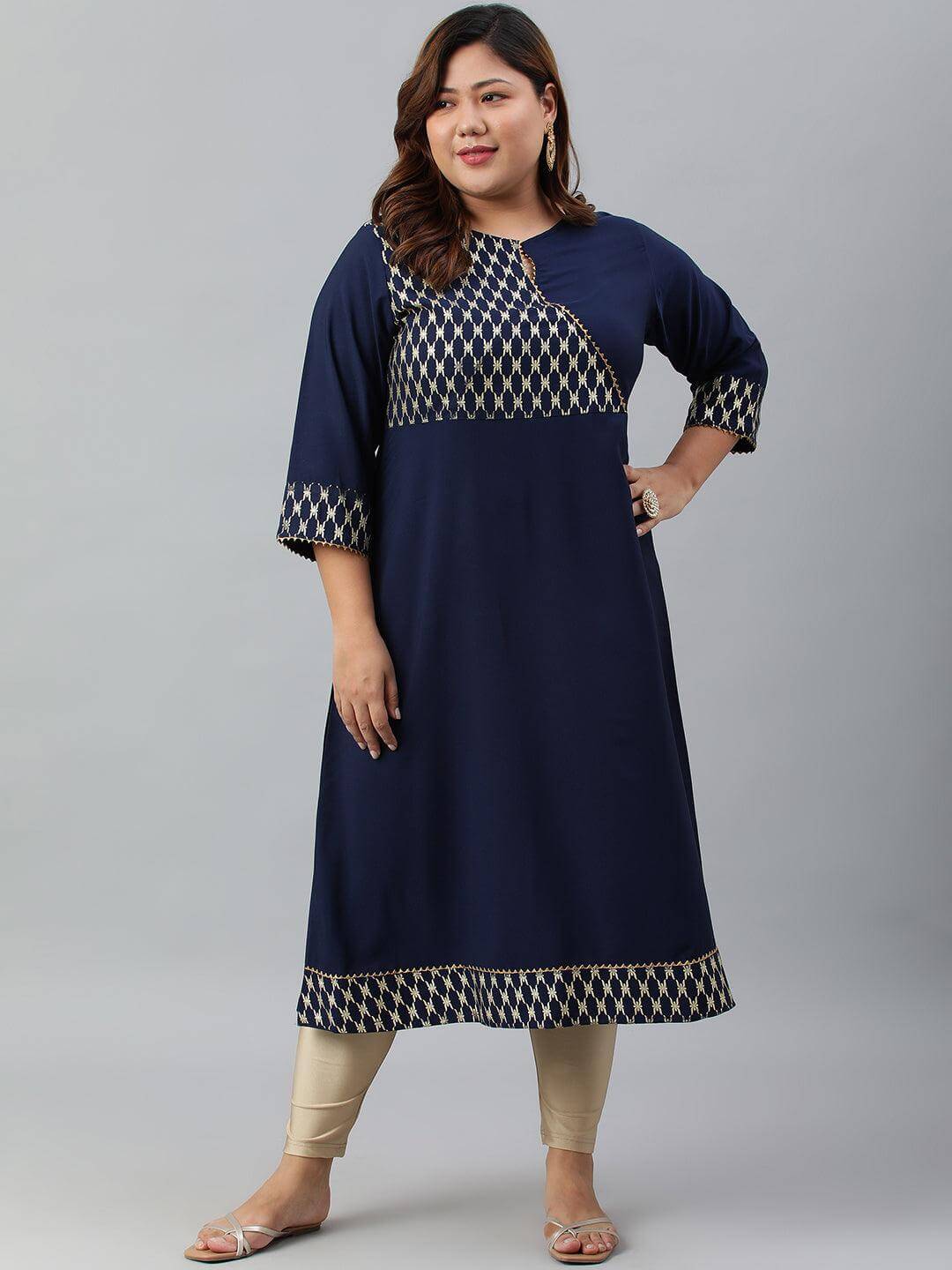 Plus Size Navy Blue Poly Crepe Ethnic Motifs kurta