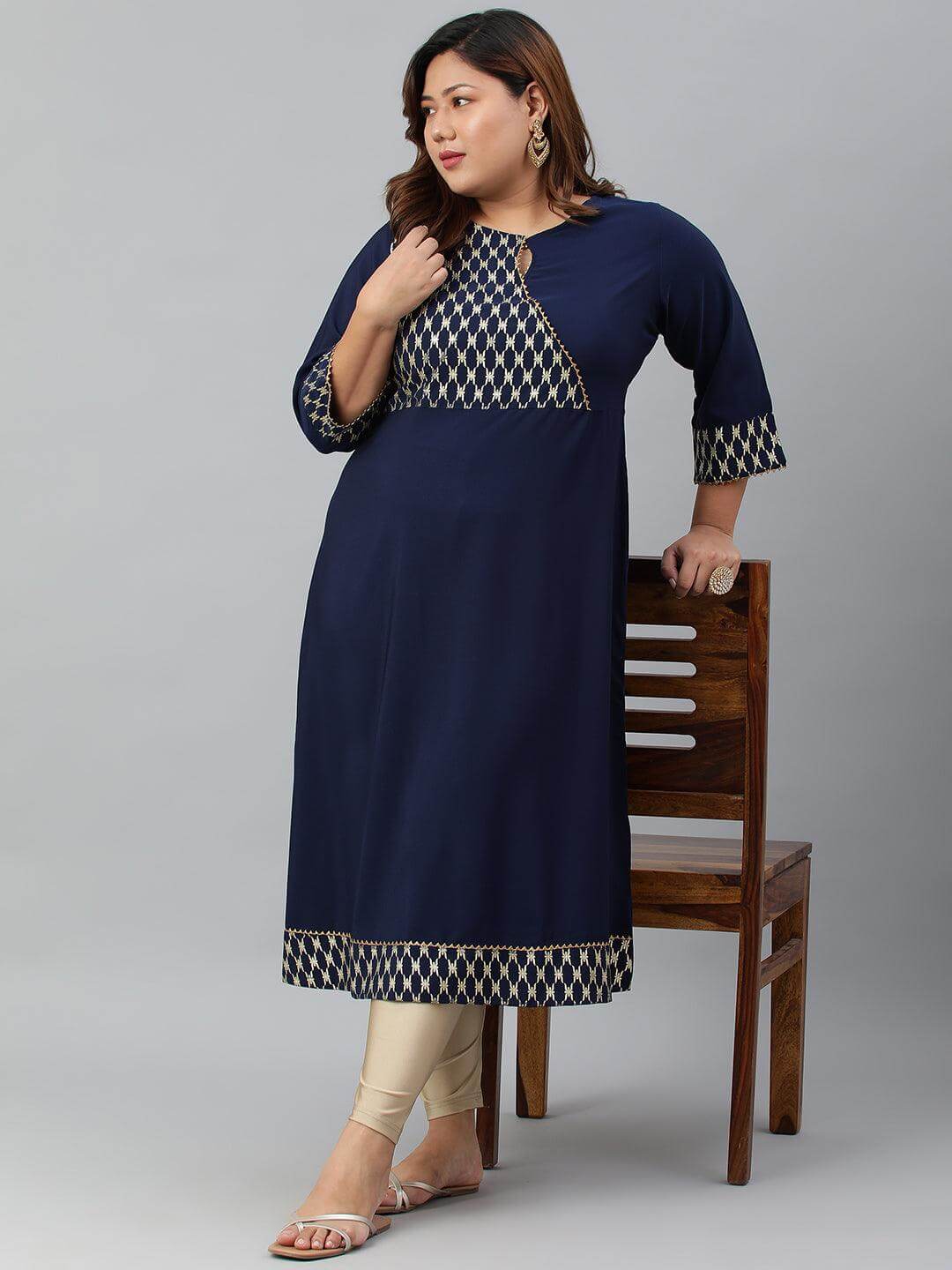 Plus Size Navy Blue Poly Crepe Ethnic Motifs kurta