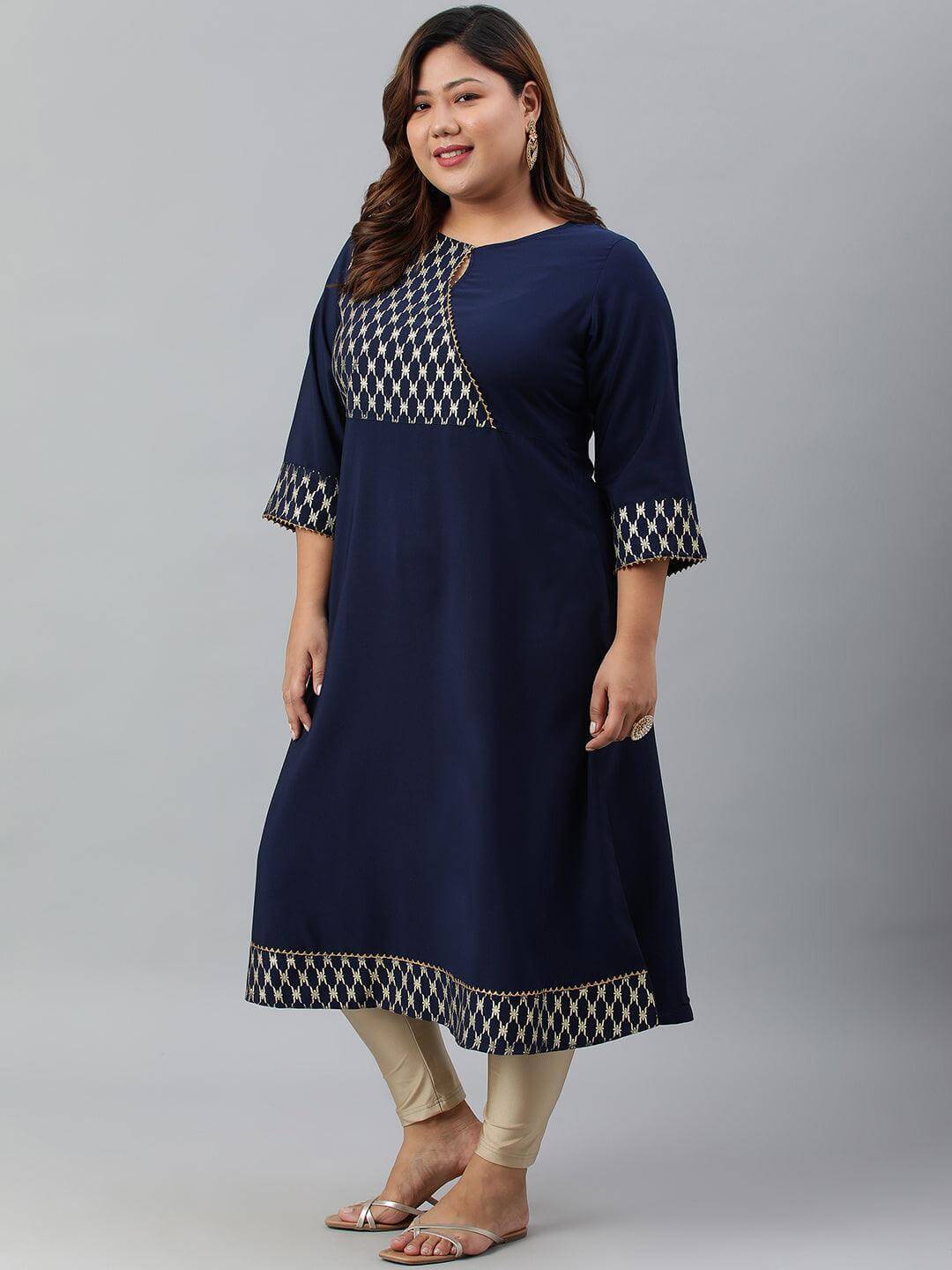 Plus Size Navy Blue Poly Crepe Ethnic Motifs kurta