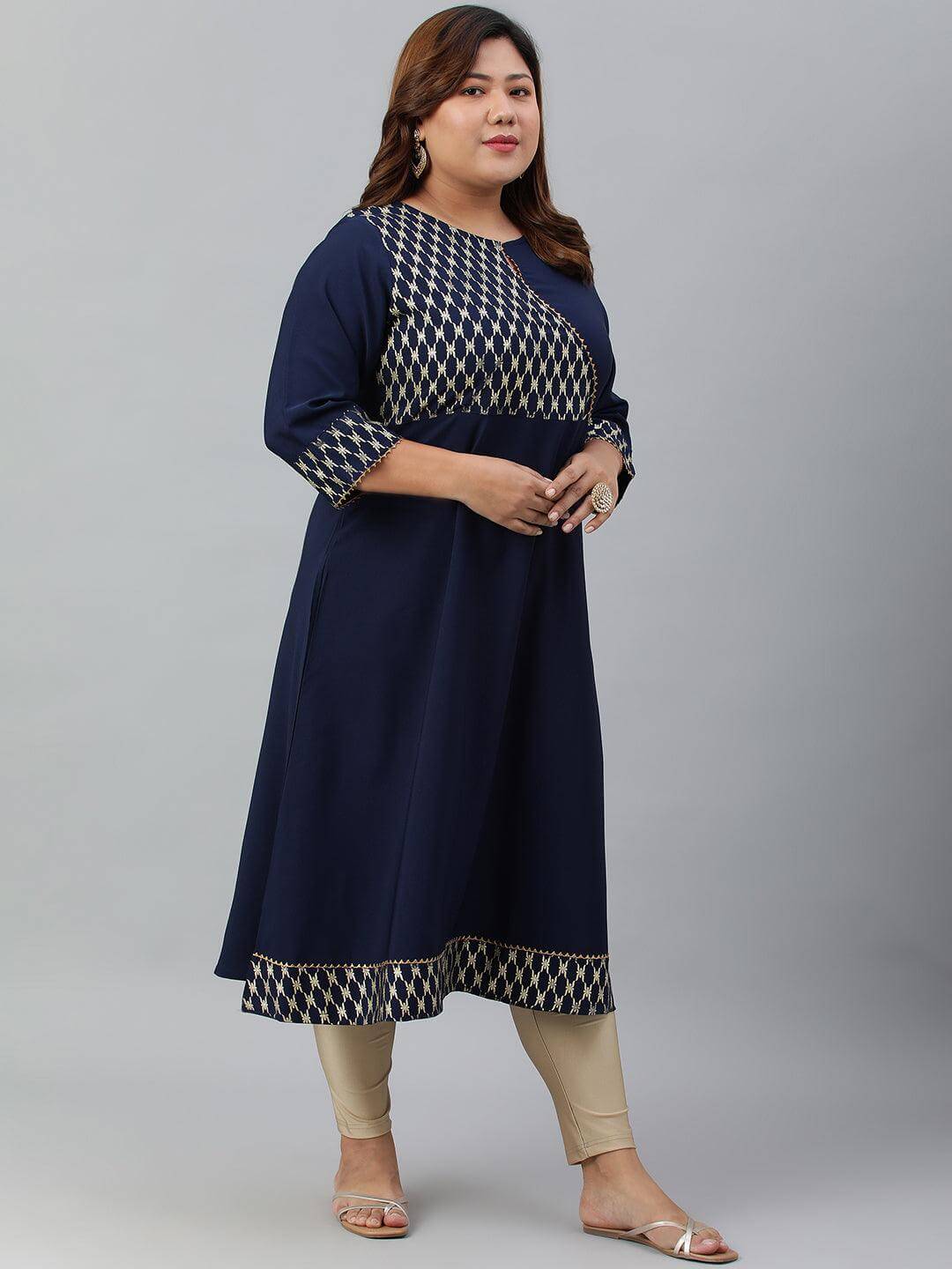 Plus Size Navy Blue Poly Crepe Ethnic Motifs kurta