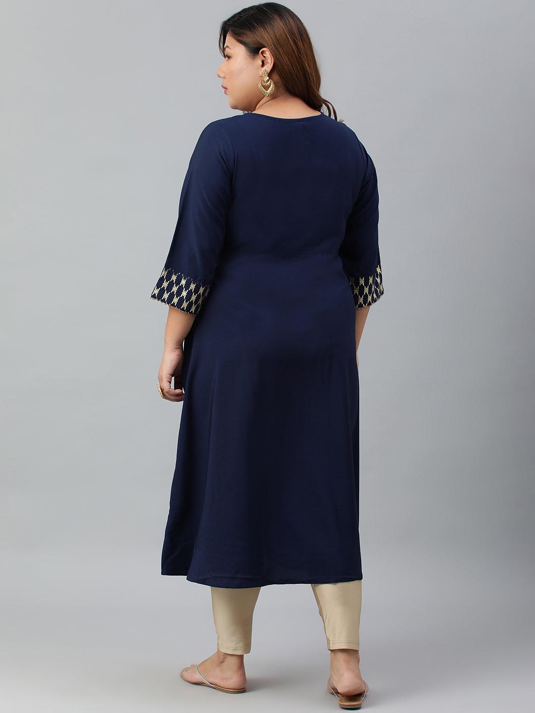 Plus Size Navy Blue Poly Crepe Ethnic Motifs kurta