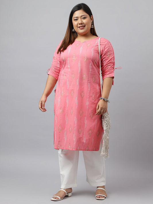 Women's Plus Size Pink Cotton Bandhani Printed Straight kurta