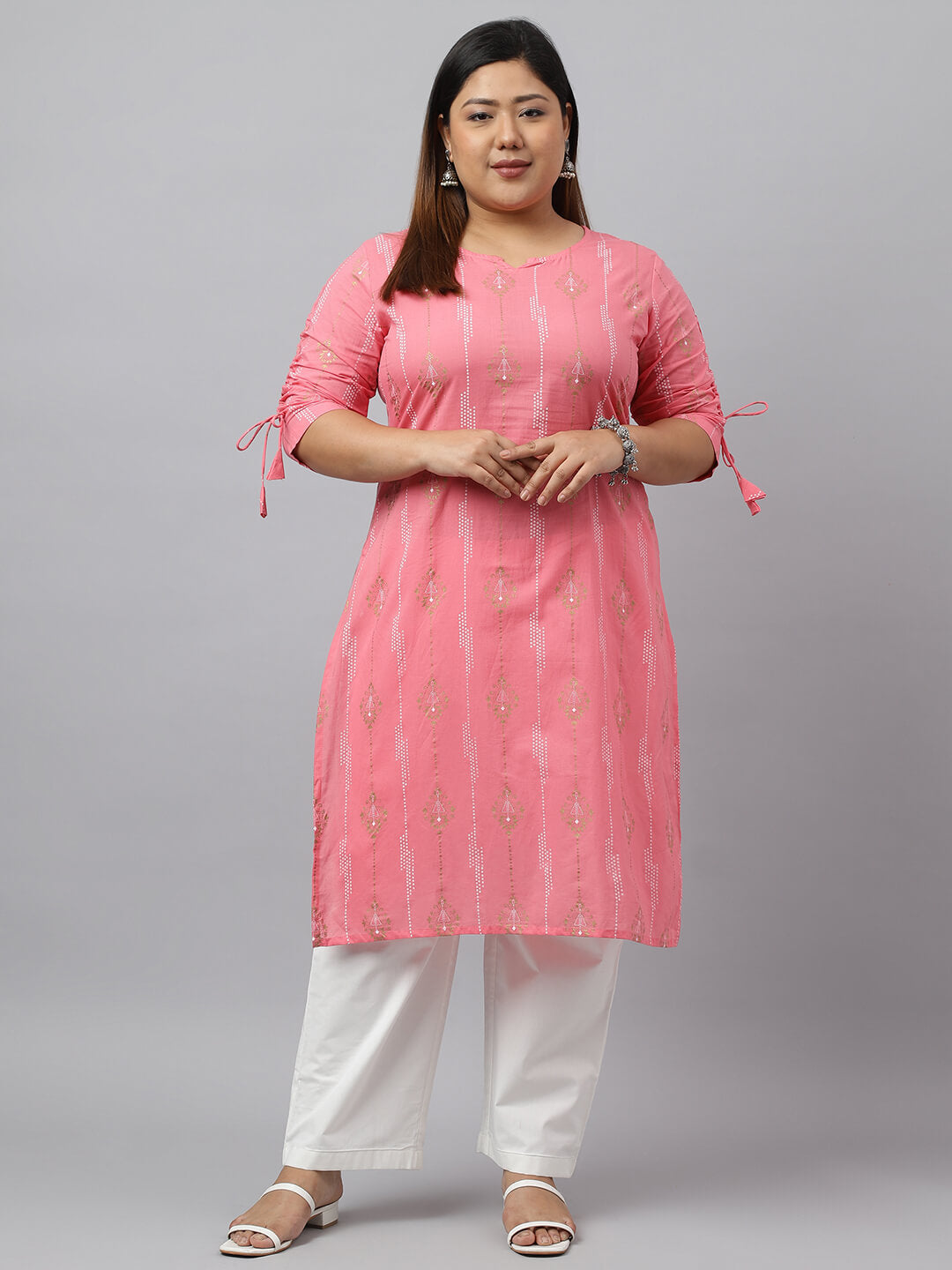 Women's Plus Size Pink Cotton Bandhani Printed Straight kurta