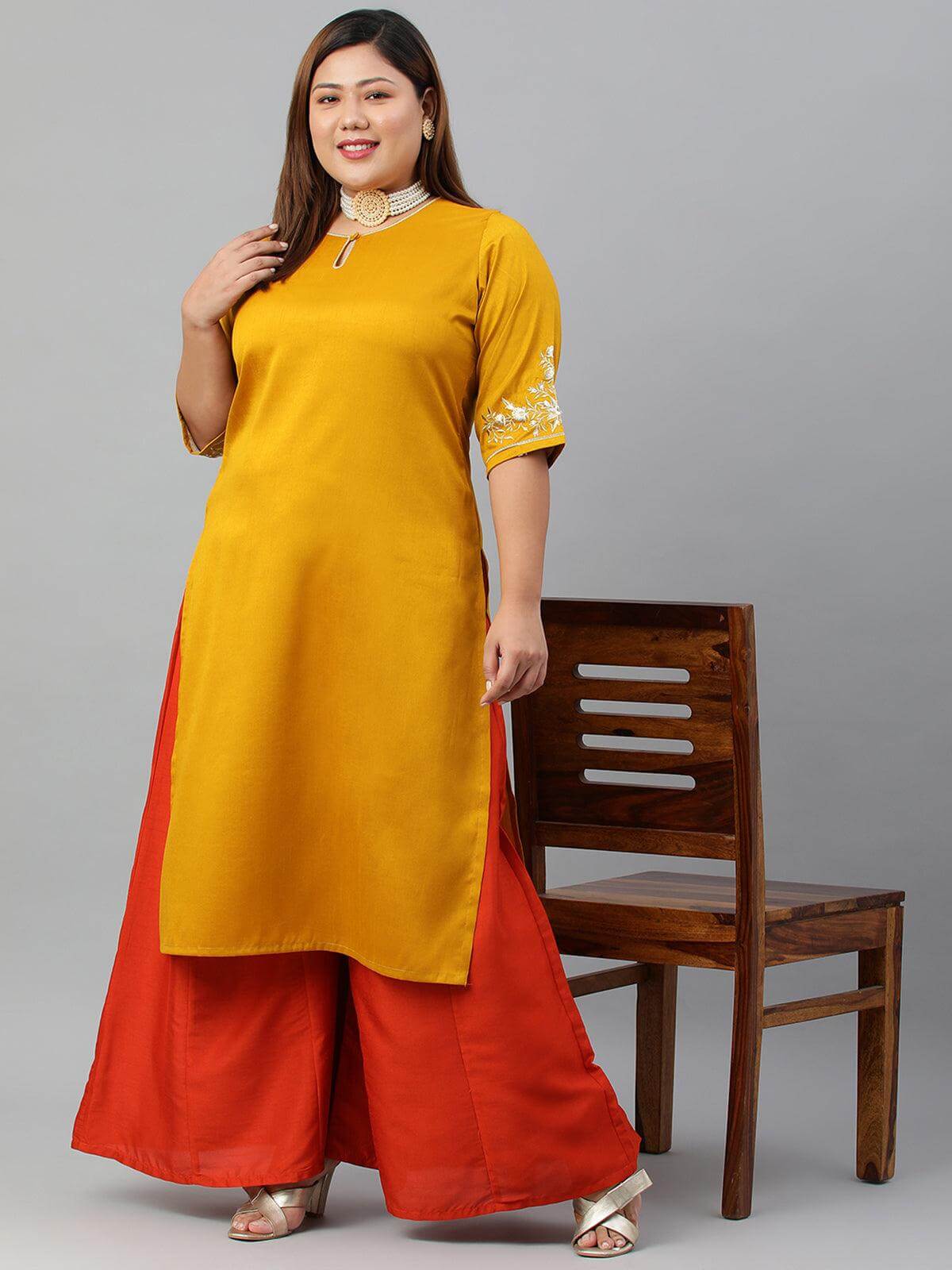 Plus Size Mustard Poly Silk Embroidered Straight kurta