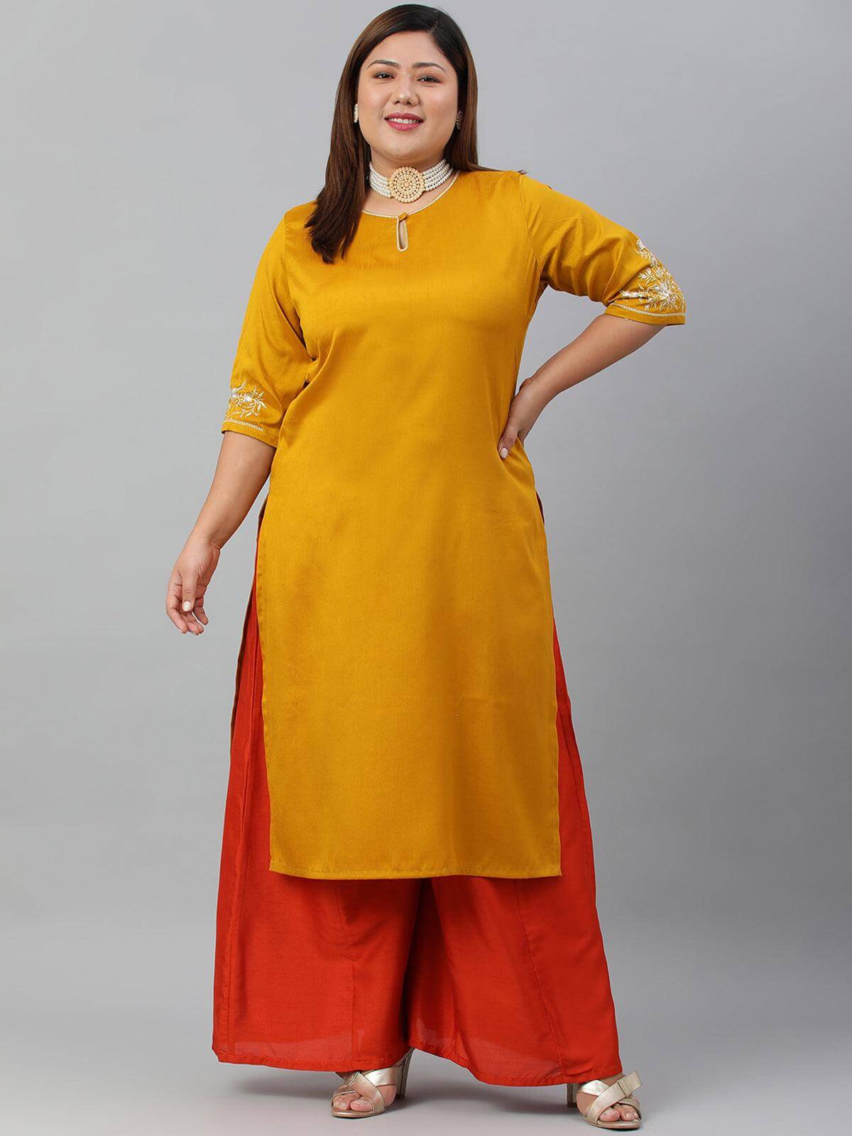 Plus Size Mustard Poly Silk Embroidered Straight kurta