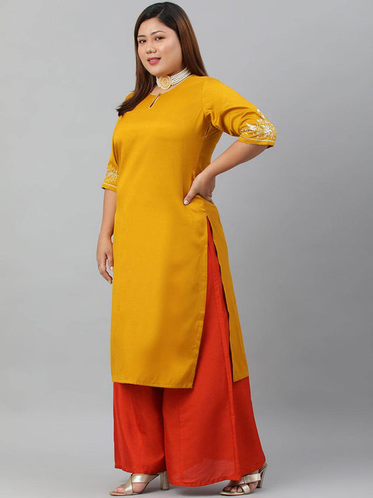 Plus Size Mustard Poly Silk Embroidered Straight kurta