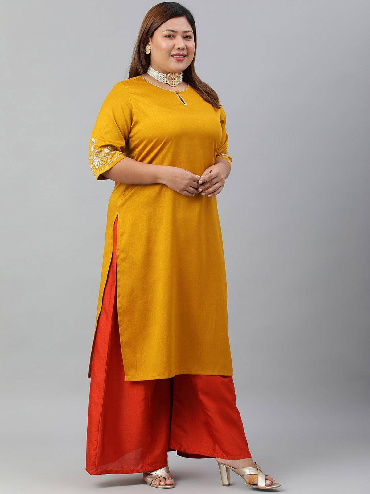 Plus Size Mustard Poly Silk Embroidered Straight kurta