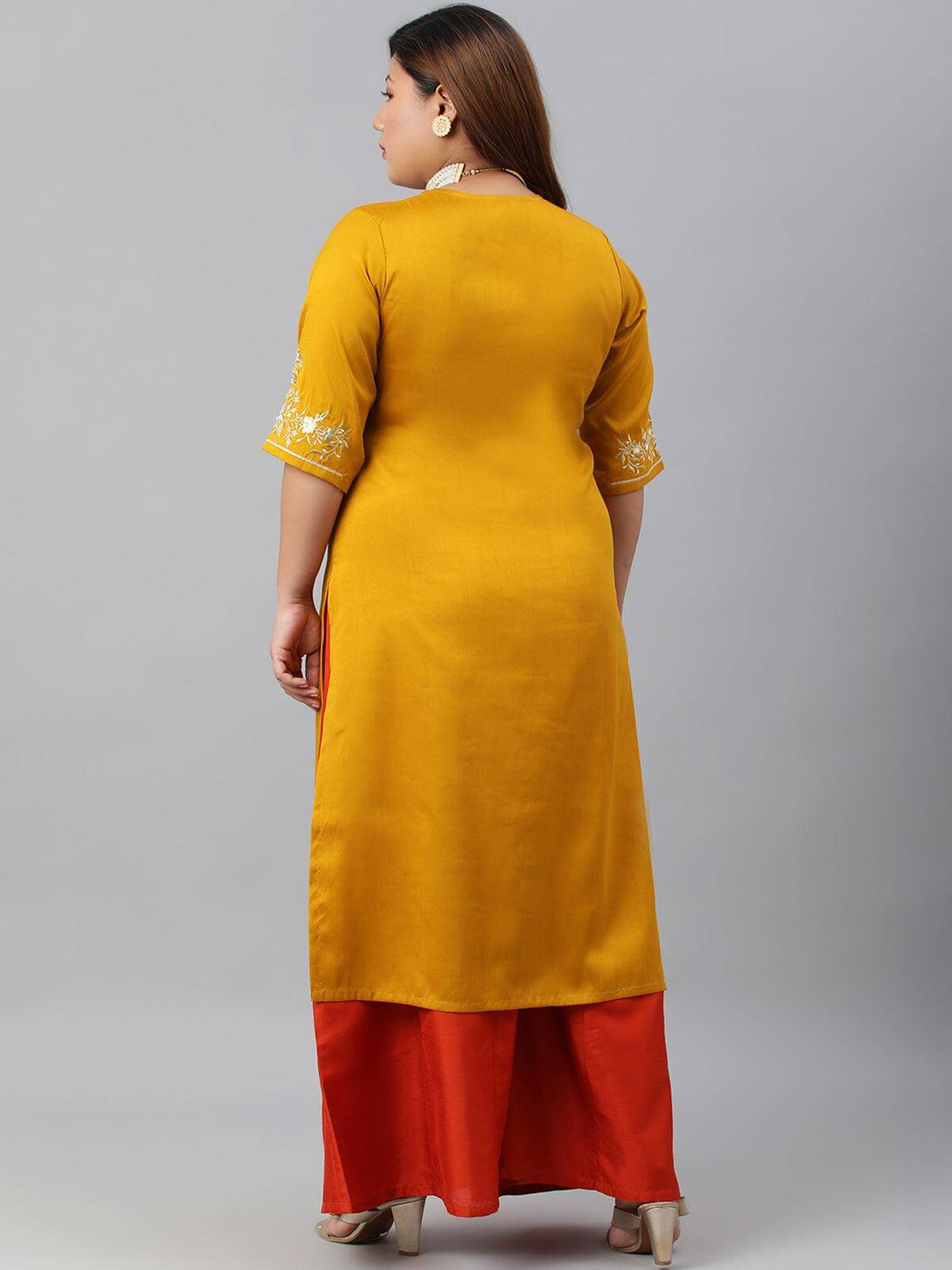 Plus Size Mustard Poly Silk Embroidered Straight kurta