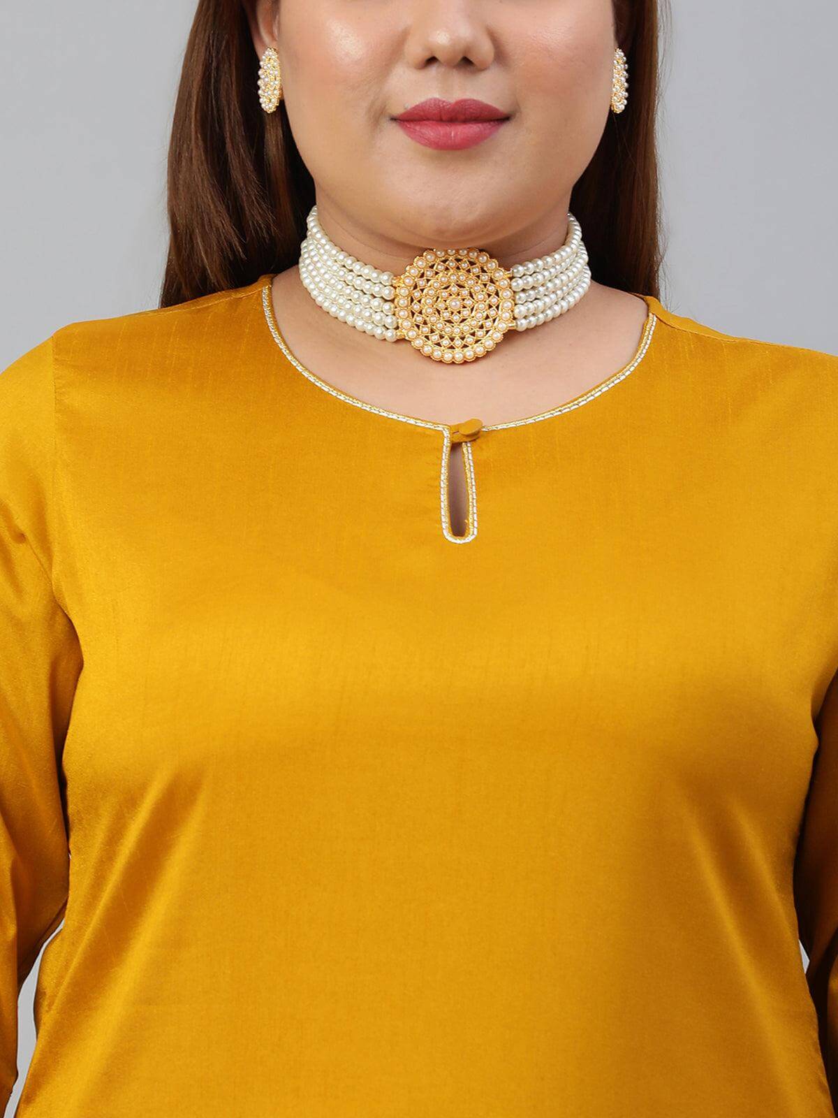 Plus Size Mustard Poly Silk Embroidered Straight kurta