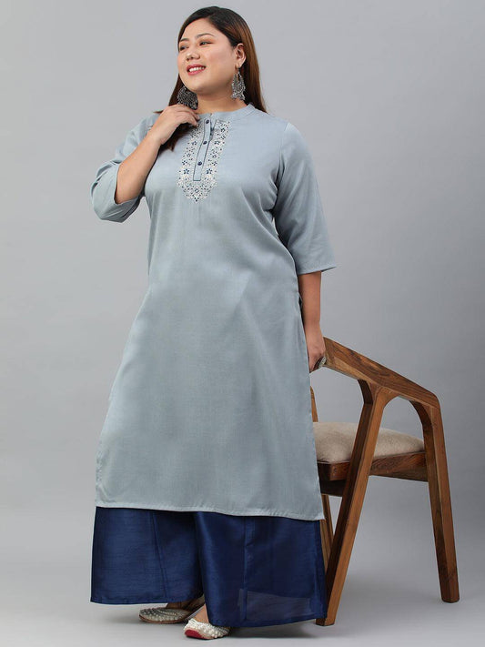 Plus Size Grey Poly Silk Solid Straight kurta