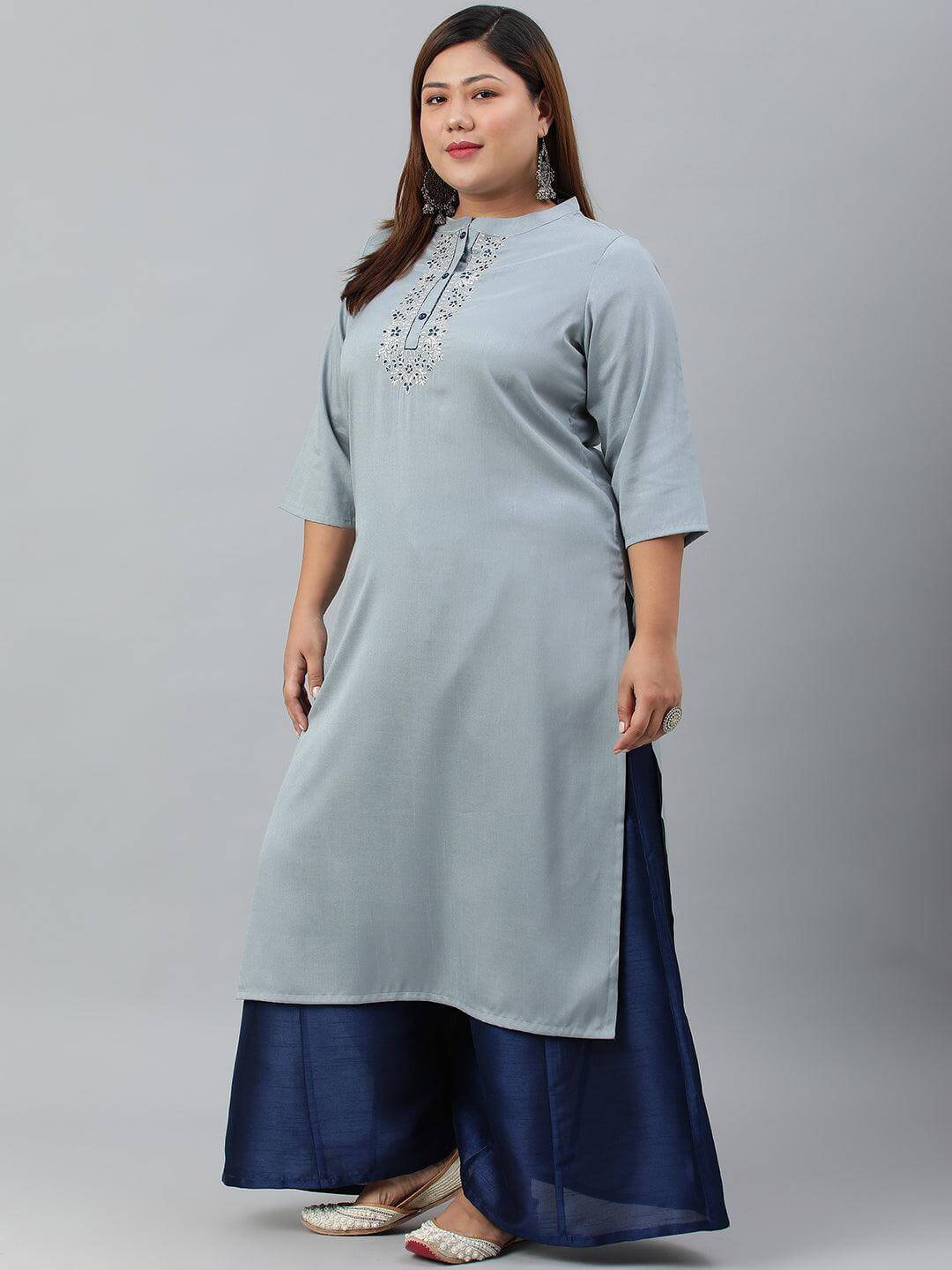 Plus Size Grey Poly Silk Solid Straight kurta