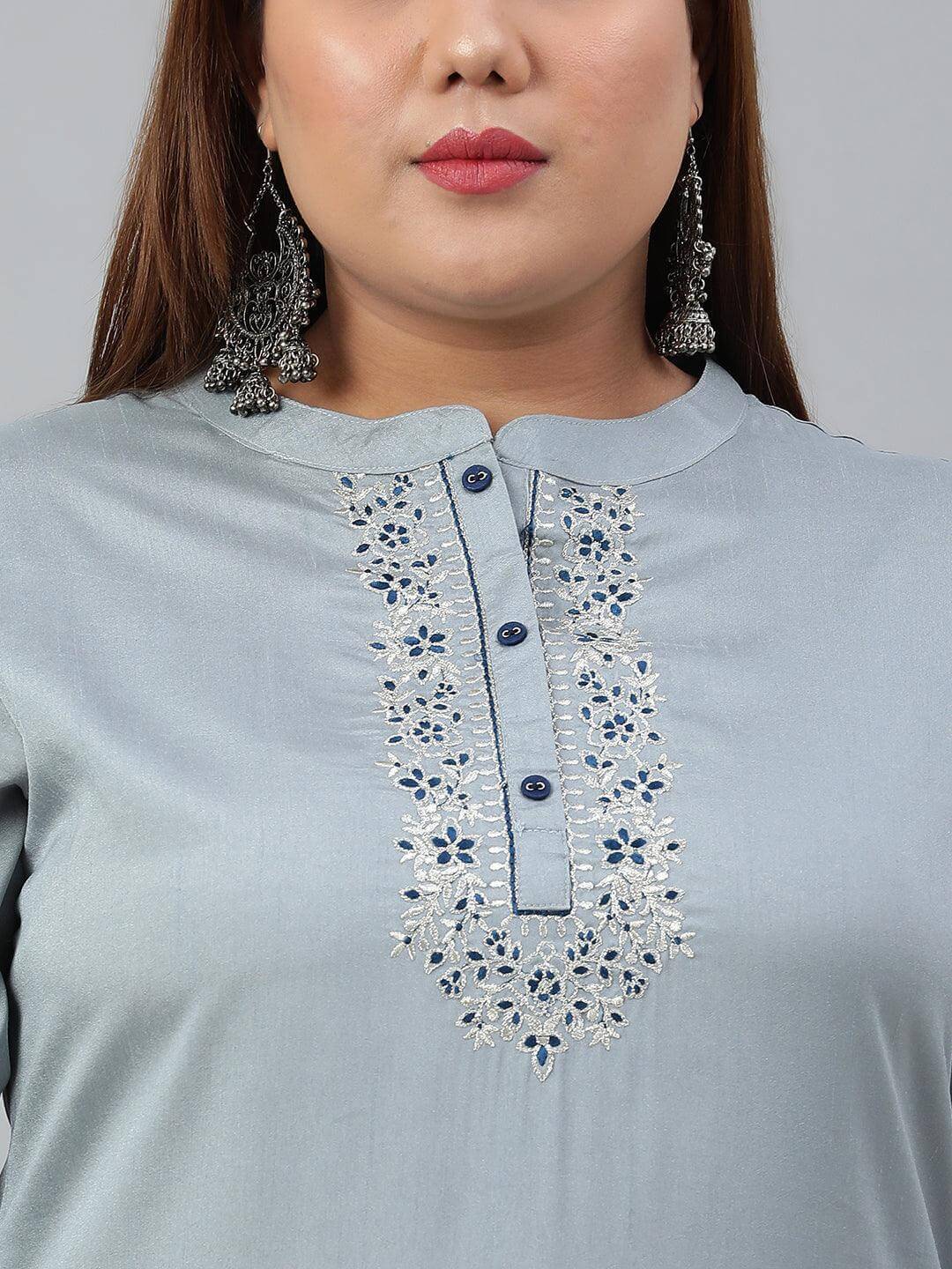 Plus Size Grey Poly Silk Solid Straight kurta