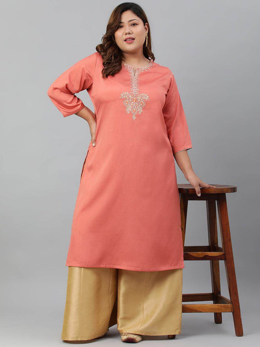 Plus Size Coral Poly Silk Embroidered Straight kurta