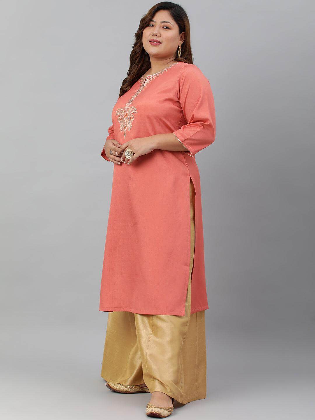 Plus Size Coral Poly Silk Embroidered Straight kurta